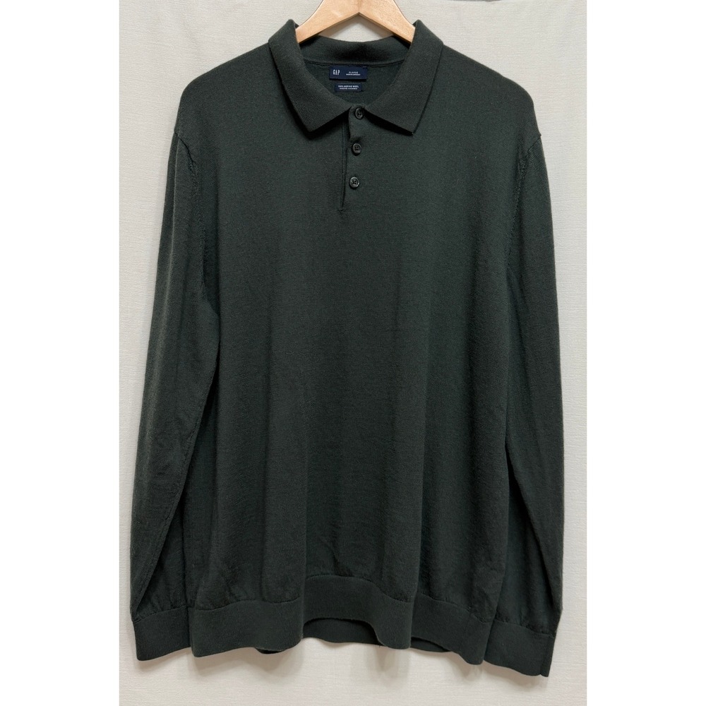 Gap Men's Polo Sweater Evergreen 100% Merino Wool Long Sleeve XL Pullover Knit